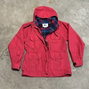 Vintage 80s/90s Rei Co-Op Women's Flannel Lined Hooded Parka Jacket Red Large